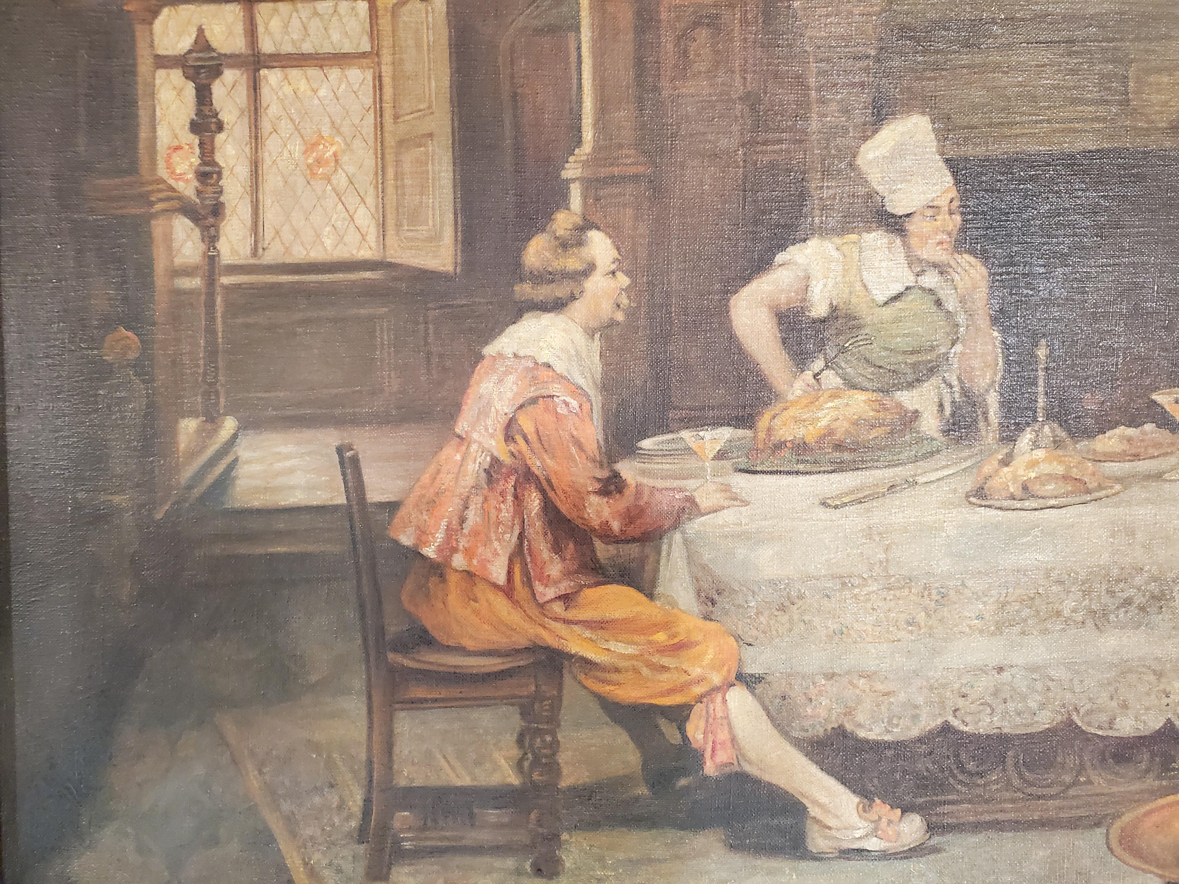 Mid 20th century oil on canvas painting 

Signature on bottom left 

Chef prepares a delicious meal and cocktails for two noble men as they are conversing at the dining table.