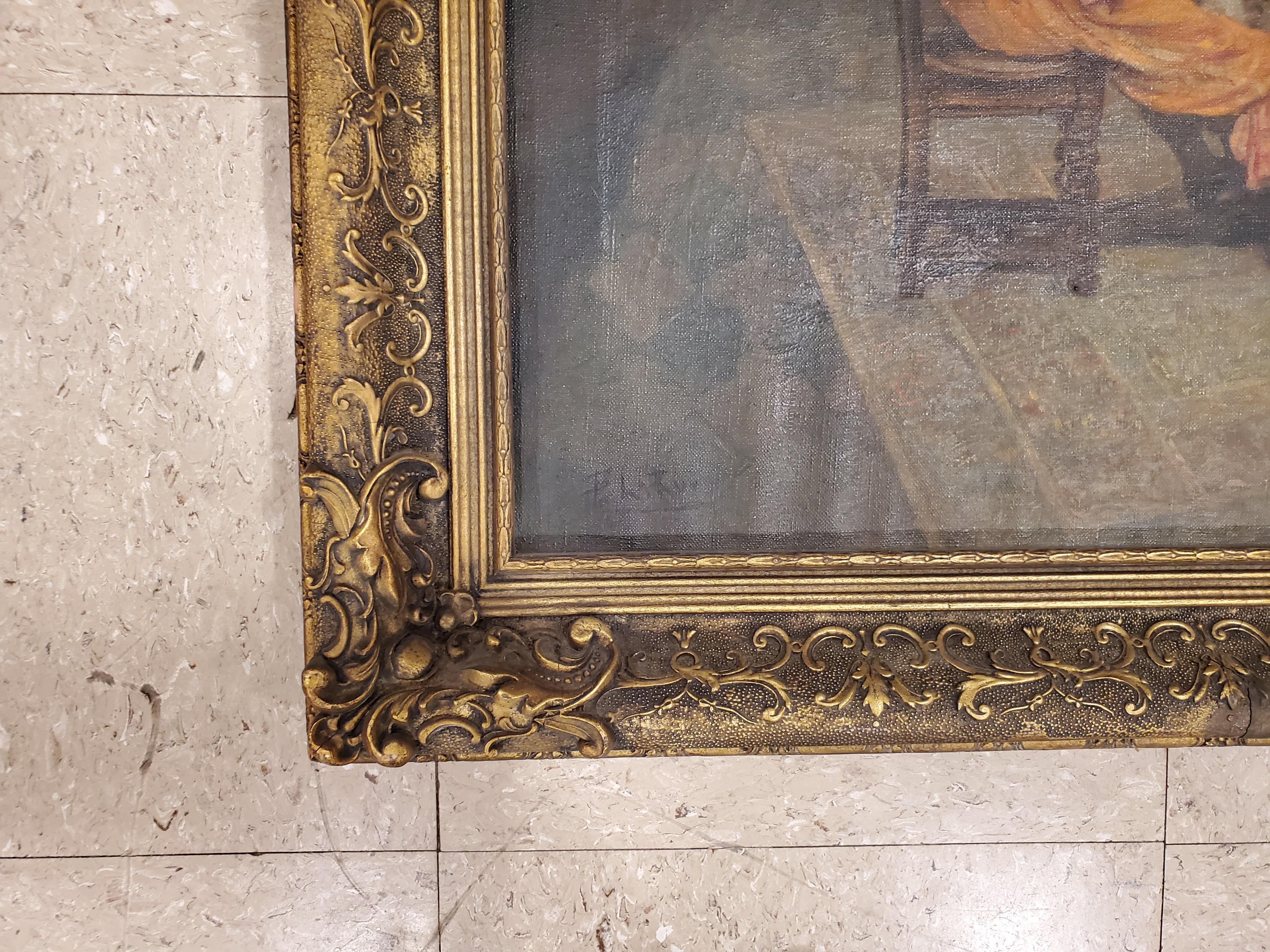 European Antique Painting, Turkey Feast, Oil on Canvas, Mid 20th Century