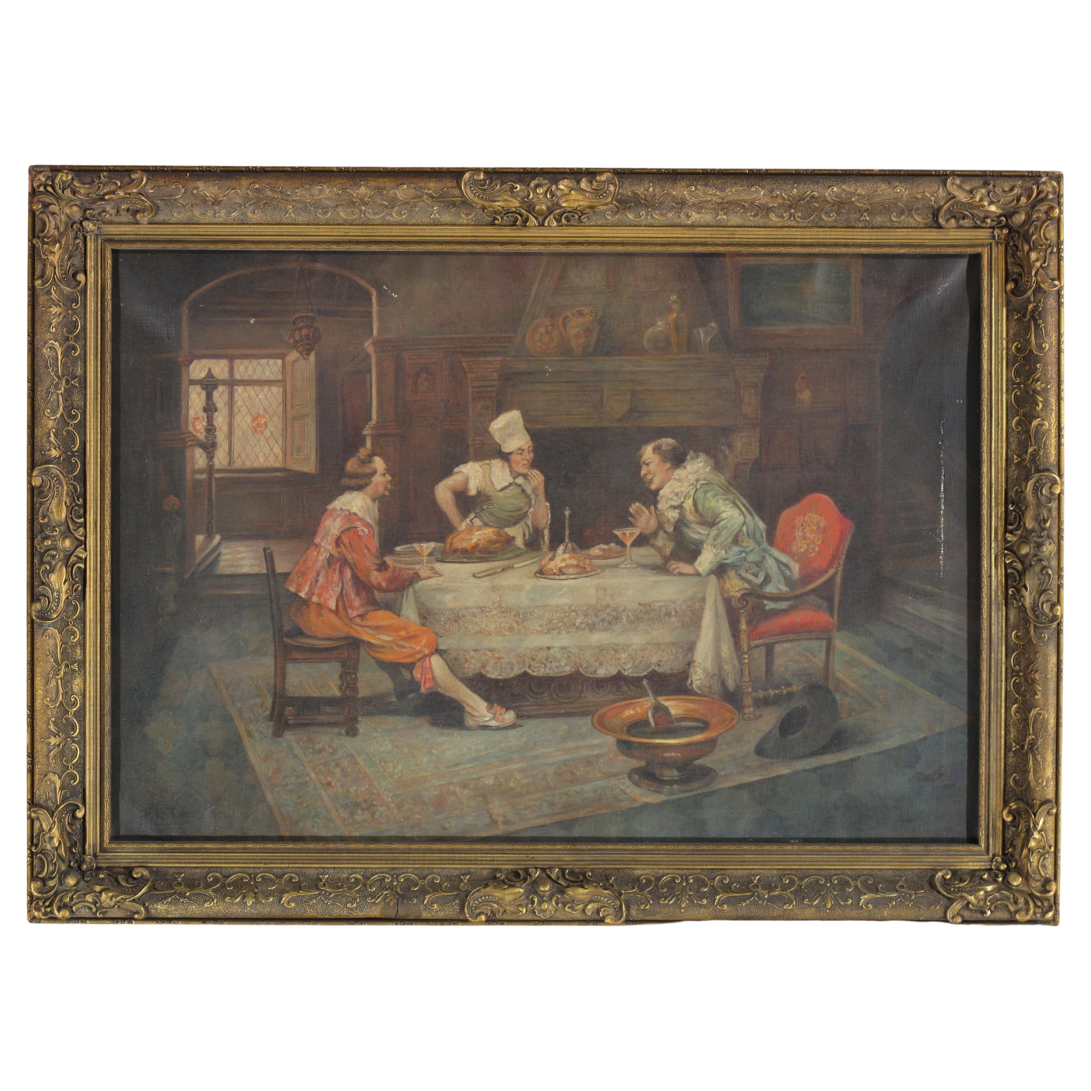 Antique Painting, Turkey Feast, Oil on Canvas, Mid 20th Century For Sale