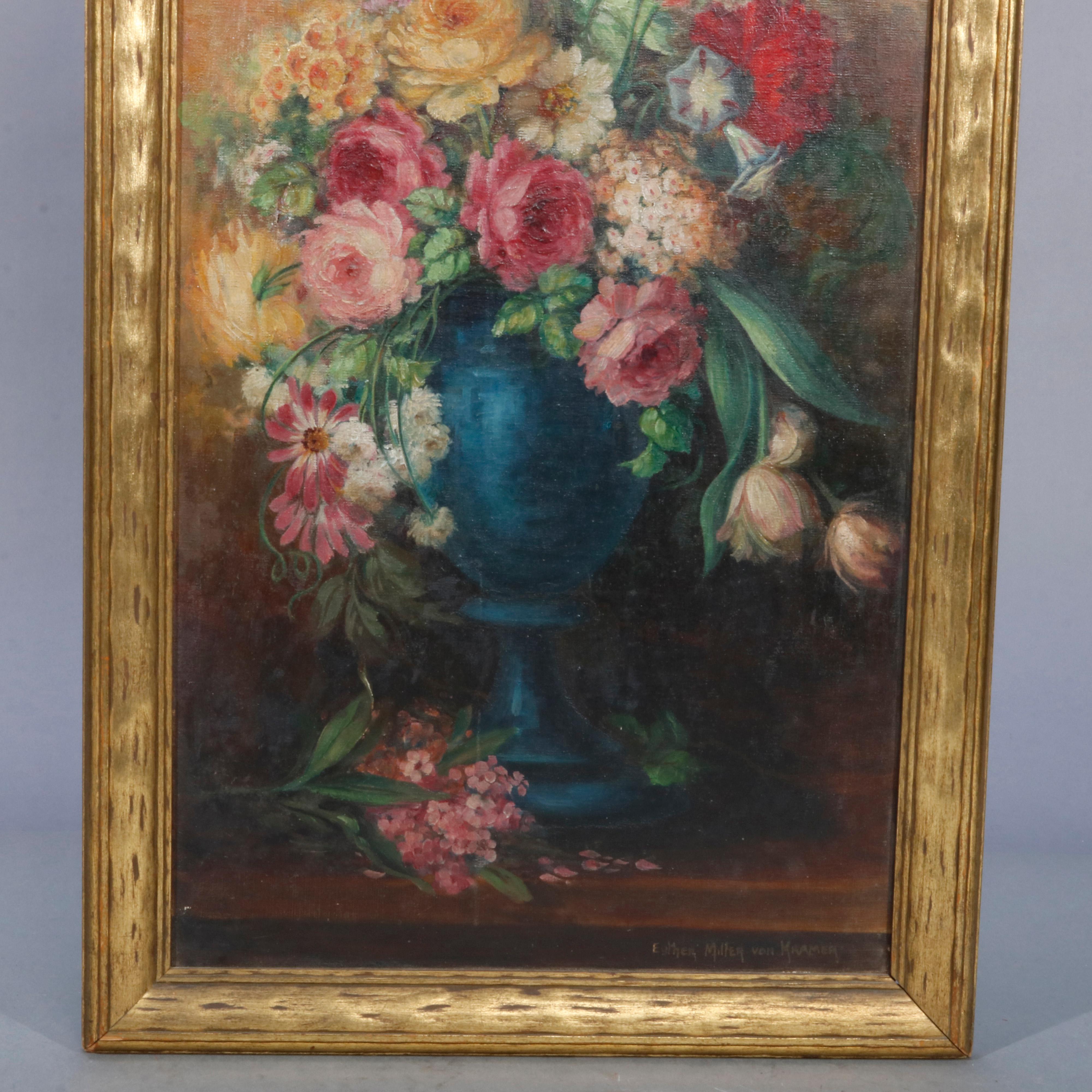 An antique painting offers Victorian continental oil on canvas still life depicting garden flowers in tall blue porcelain pedestal urn vase on tabletop, artist-signed lower right Esther Miller von Kramer, seated in giltwood frame, circa