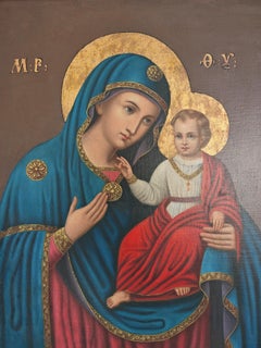 Antique painting "Virgin Mary with Baby Jesus", The Balkans 19th Century