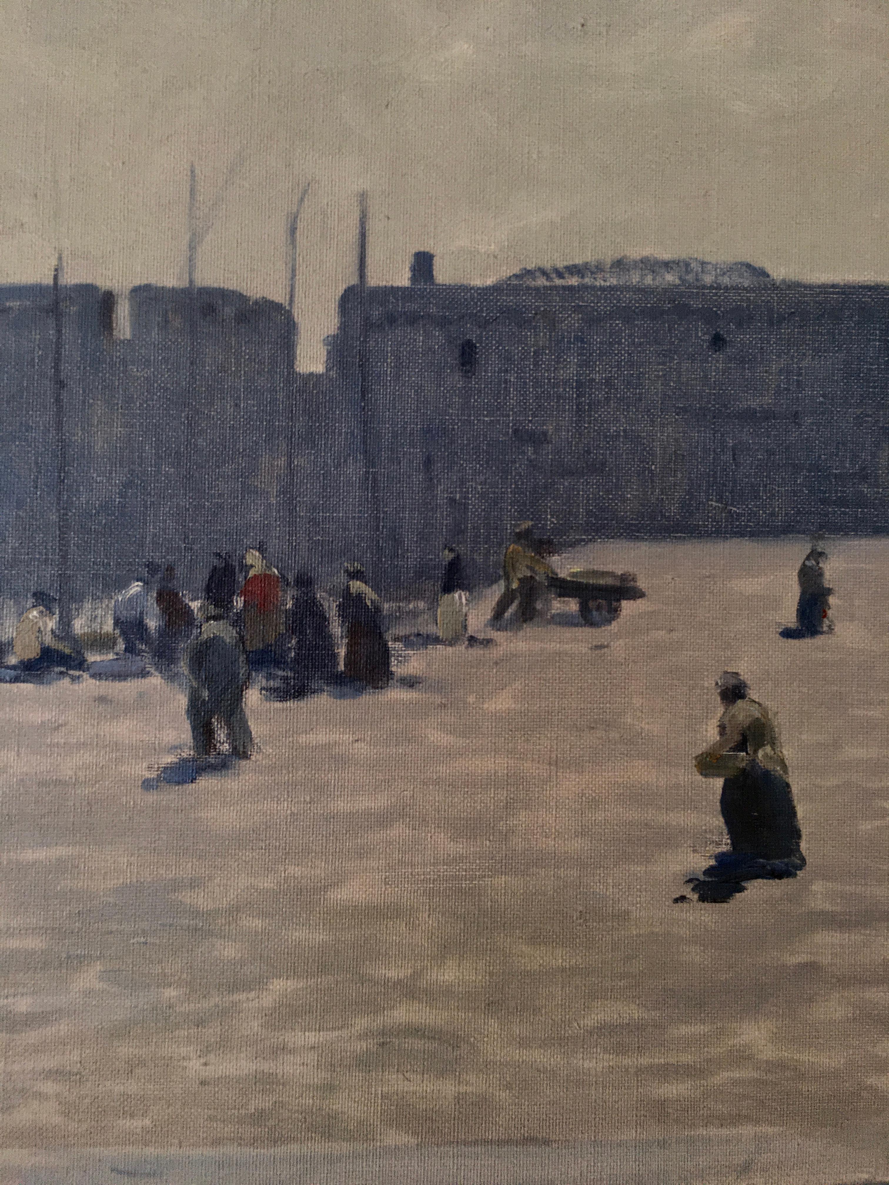 Willem Witjens painted this view on Concarneau in France. Nowadays the third most important fishing port of France. The main draw of Concarneau is the quaint (walled town) and its sandy beaches. 
Willem Witjens must have been inspired by this lovely