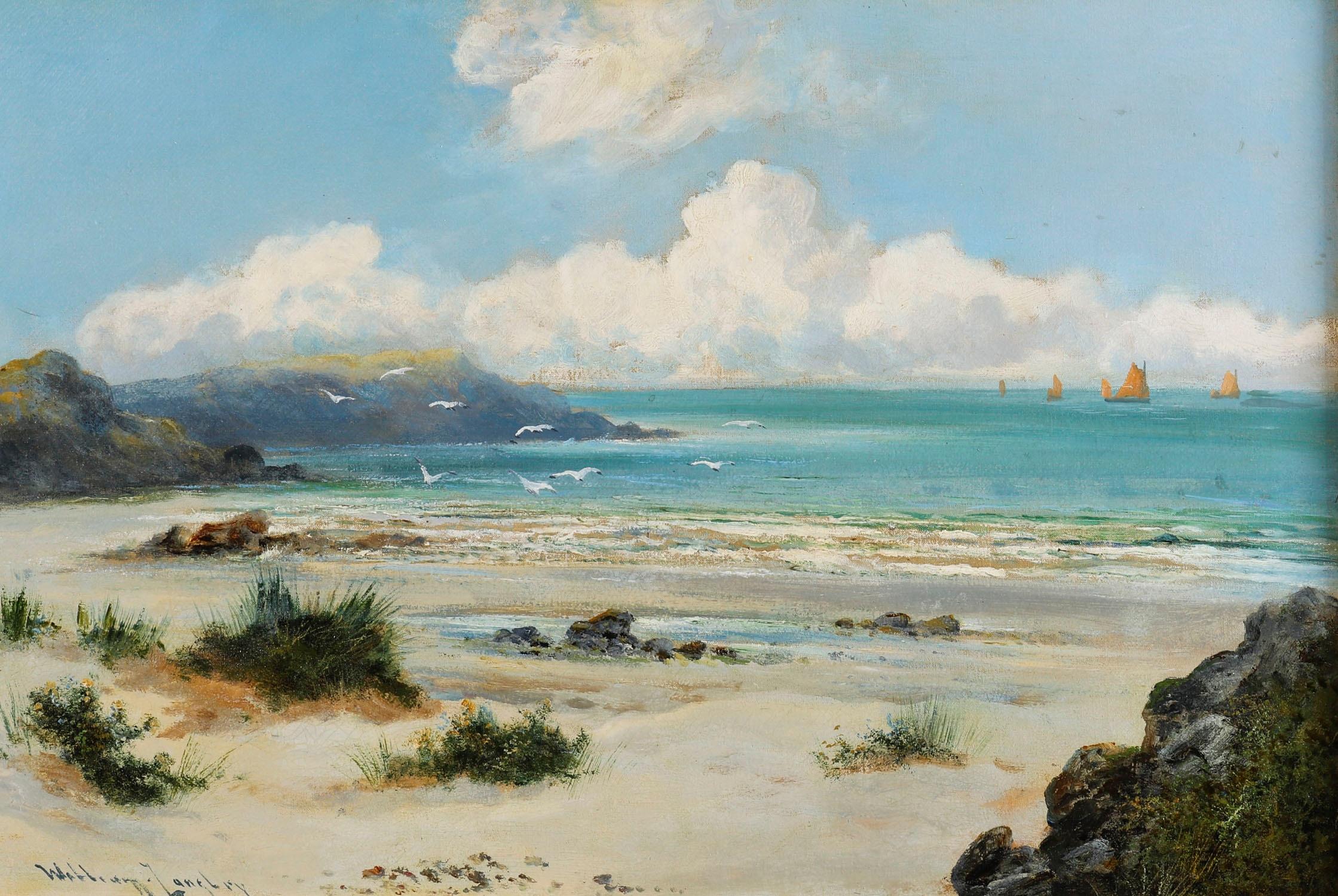 Magnifique paysage de plage de la côte ouest de l'Écosse par William Langley (qui a travaillé de 1890 à 1920).

La peinture du littoral écossais accidenté représente une plage de sable avec un affleurement rocheux encadrant les douces vagues