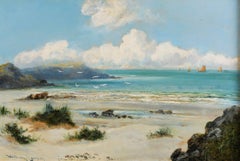Pintura Antigua William Langley (1852-1922) Escena de playa escocesa Siglo XIX