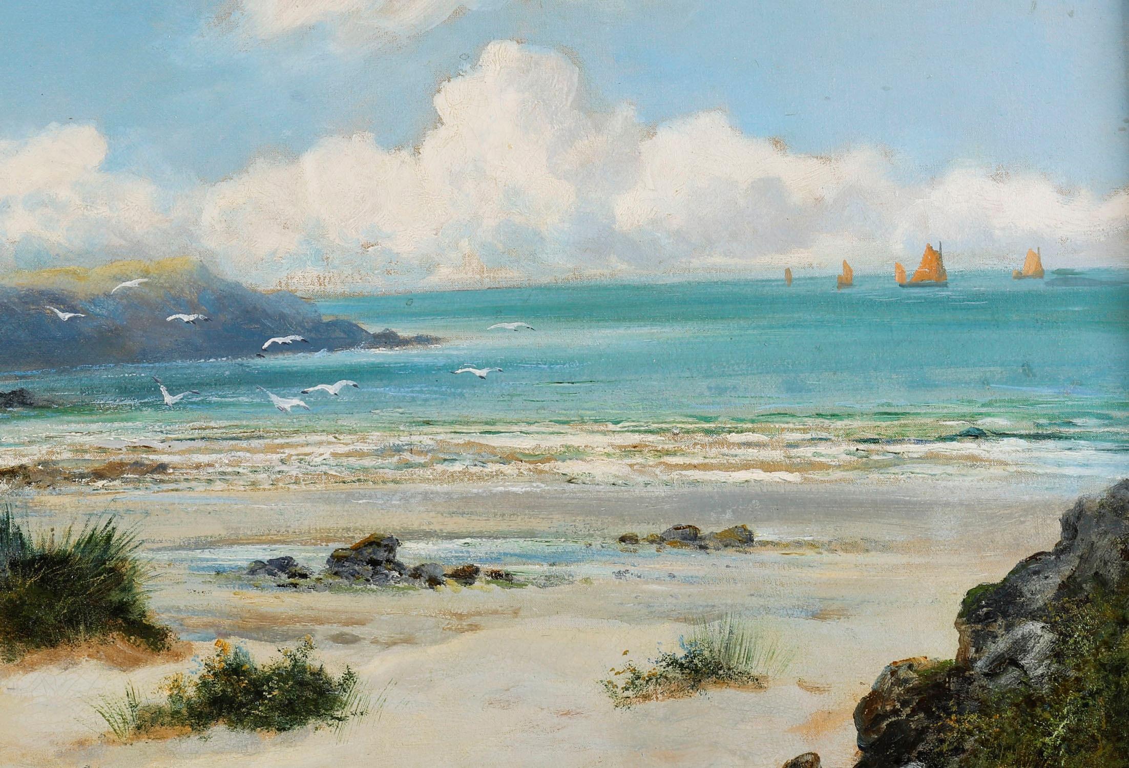 Toile Peinture ancienne William Langley (1852-1922) Scène de plage écossaise 19ème siècle en vente