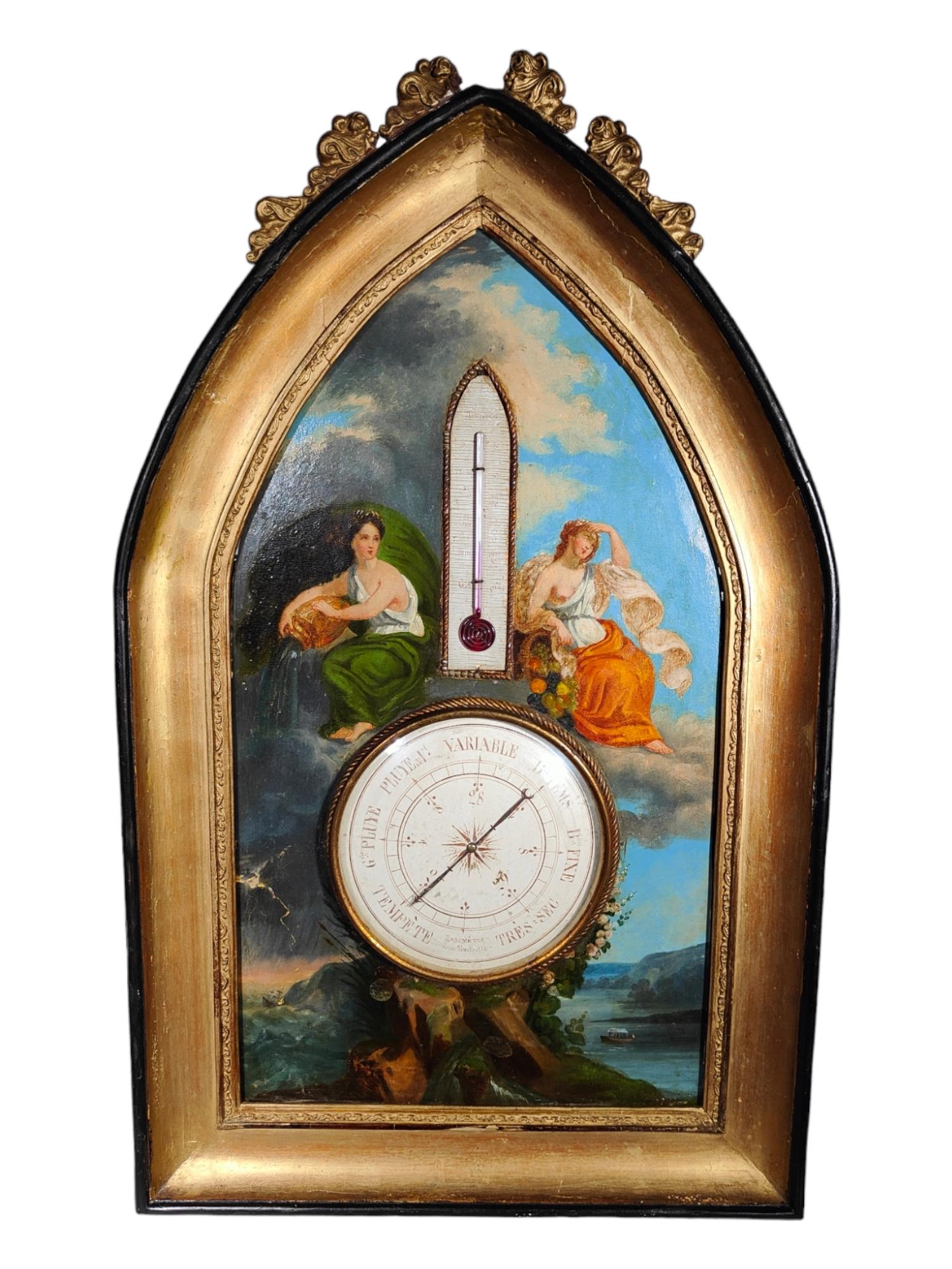 Antique table with barometer
Interesting 19th century painting painted in oil with meteorological reasons on wood and which has a barometer in the center and a thermometer in the upper part. France 19th century. Measures: 80x50x17 cm
