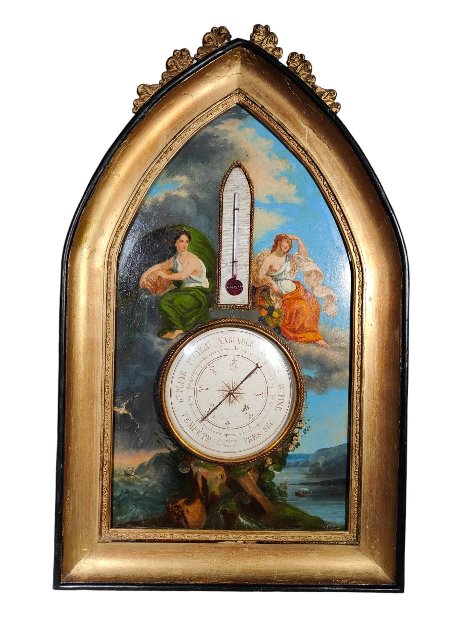 Antique Painting with Barometer 19th Century In Good Condition For Sale In Madrid, ES
