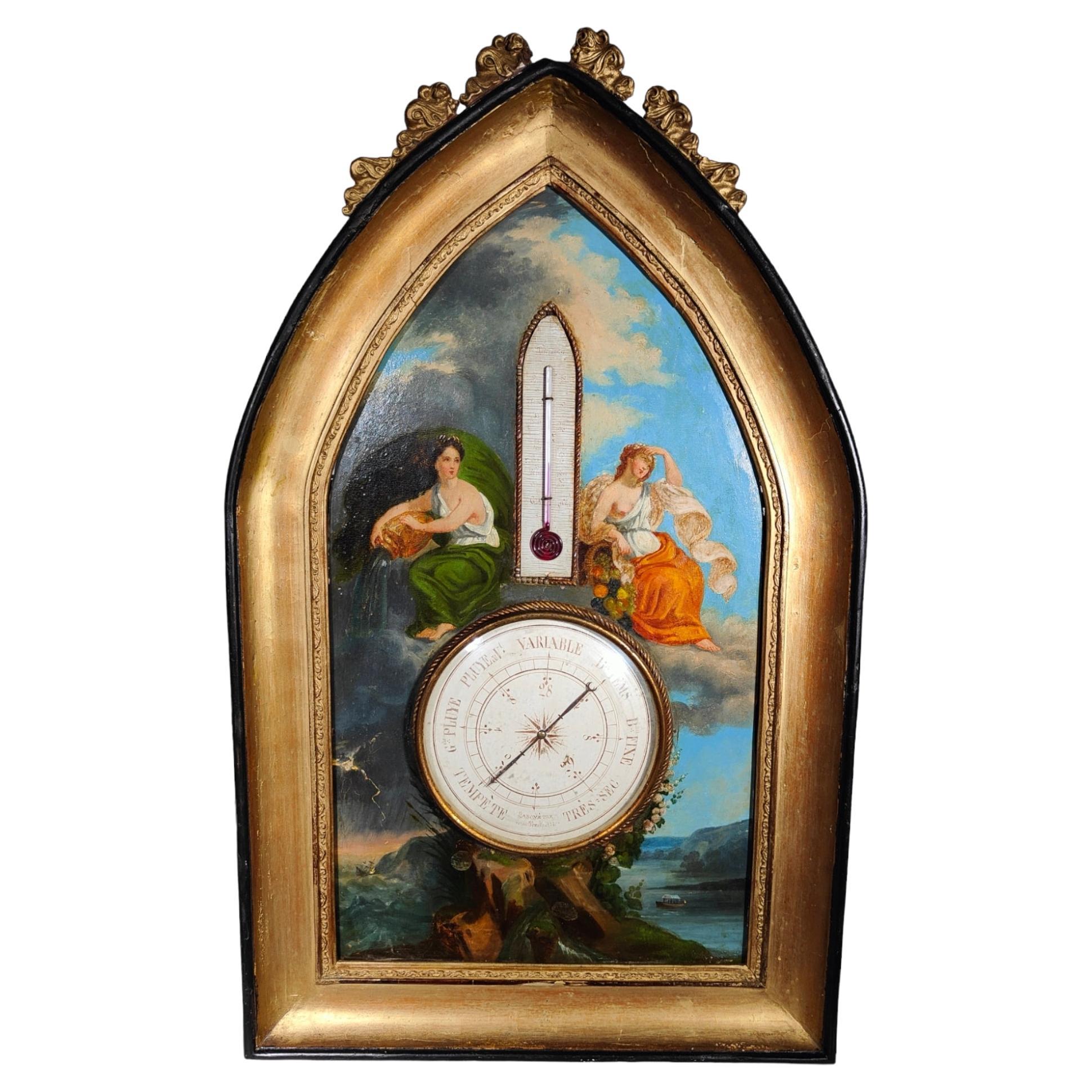 Antique Painting with Barometer 19th Century For Sale