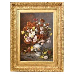 Antique Painting With Flowers, Still Life Oil Painting, XIX Century.