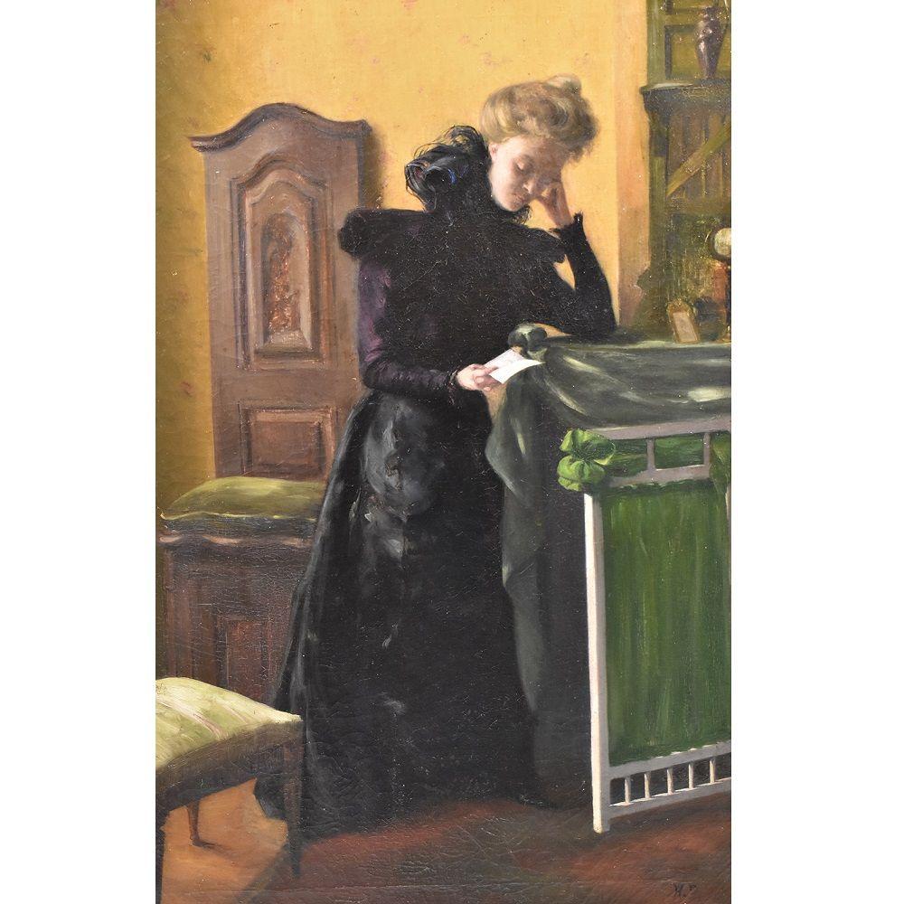 Il s'agit d'une œuvre d'art d'un portrait de femme, femme en robe noire lisant une note, fin du XIX siècle.
Il s'agit du portrait d'une jeune femme portant une robe noire dans une pièce domestique du XIXe siècle.

Cette peinture à l'huile de