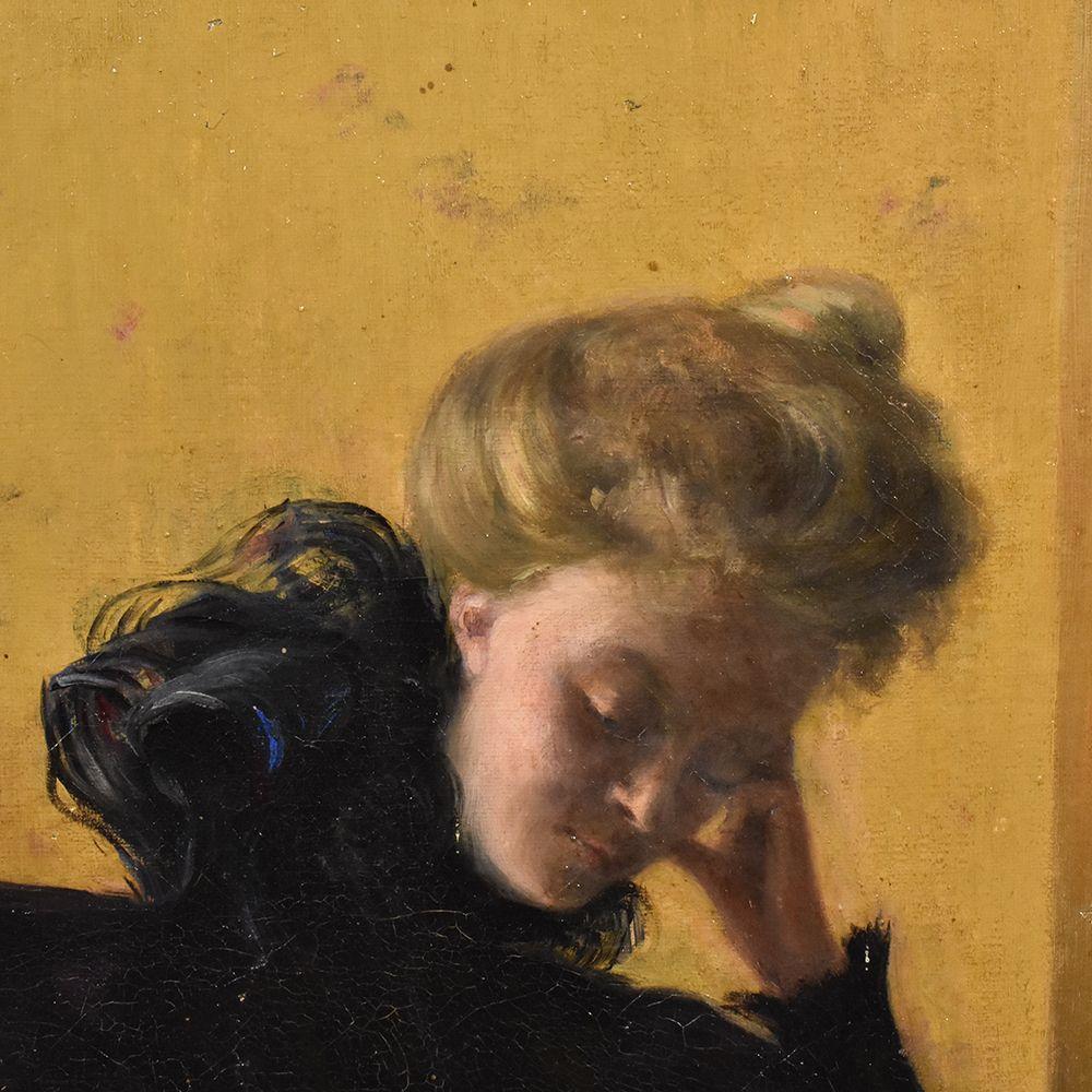 Peinture ancienne, peinture de portrait de femme, élégante femme, peinture à l'huile sur toile Bon état - En vente à Breganze, VI