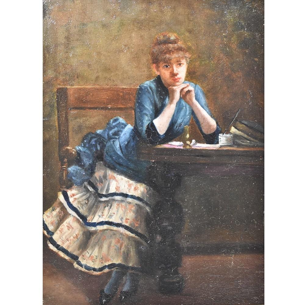 This is a Antique Portrait Artwork, Antique Portraits proposes a Young Woman Seated Elegantly Dressed in a Blue Dress
in a Nineteenth-Century Setting an Oil Painting on Wood, from the end of the 19th century. French ancient painting.

Portraits