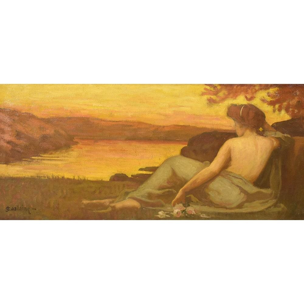 This is a antique portrait artwork, antique portraits proposes a young girl seen from behind looking at the Sunset
is an oil painting on canvas from the late 19th or early 20th century. Symbolist Painting. French ancient painting.
The antique