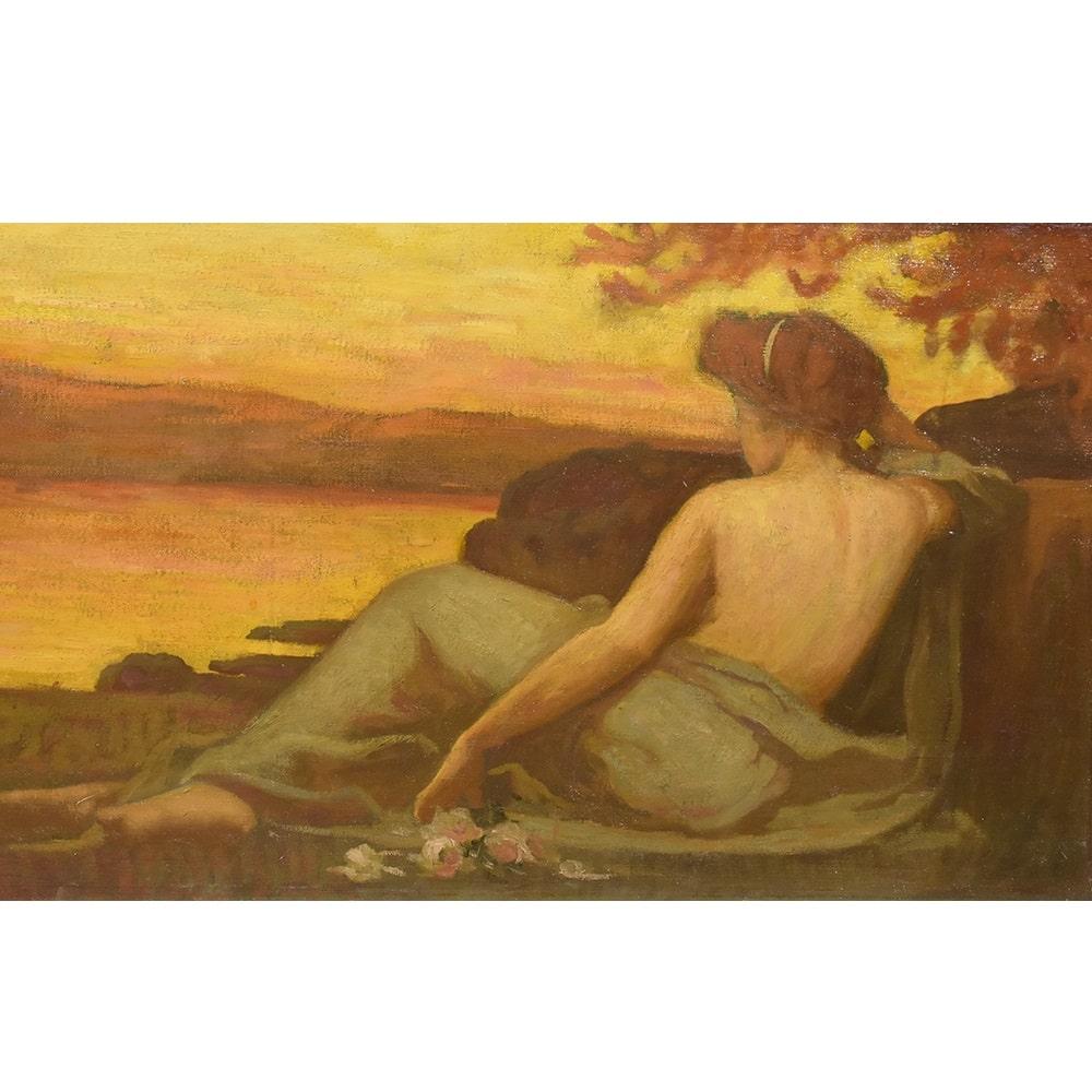 Art Nouveau Antique Painting, Woman Portrait Painting, Symbolist Painting, Oil on Canvas For Sale