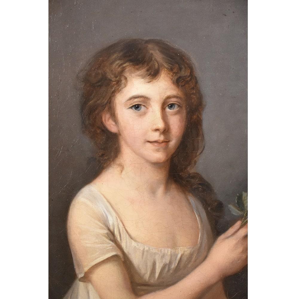 This is a Antique Portrait Artwork,  Antique Portraits proposes a Young Woman Elegantly Dressed with rose,
Oil Painting on Canvas, from the Early 19th century. French ancient painting. Early XIXcentury. Antique Paintings. 

Portraits of a Lady, a
