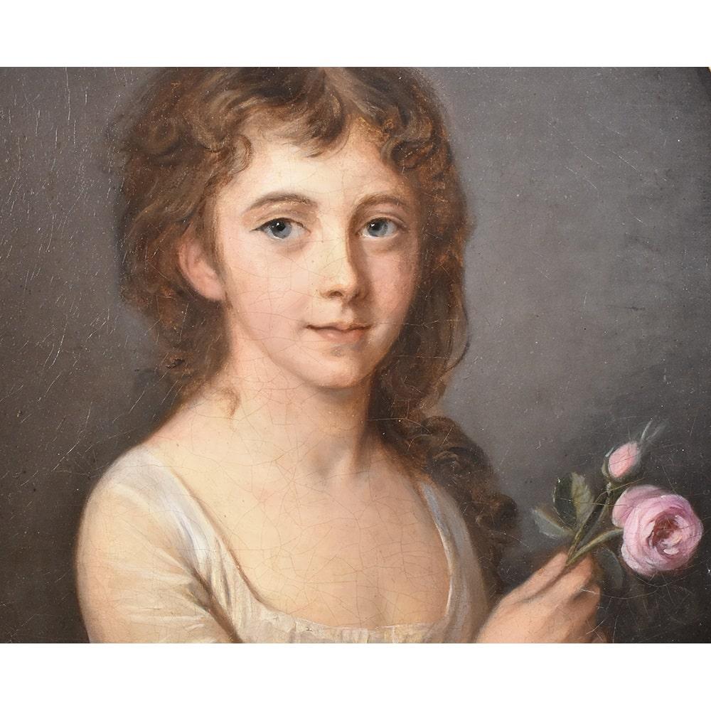French Antique Painting, Woman Portrait Painting with Rose, Oil on Canvas, Early XIX.