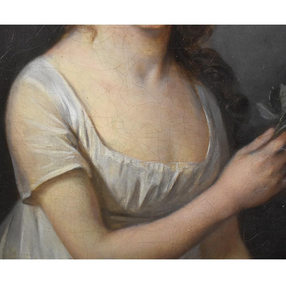 Painted Antique Painting, Woman Portrait Painting with Rose, Oil on Canvas, Early XIX.