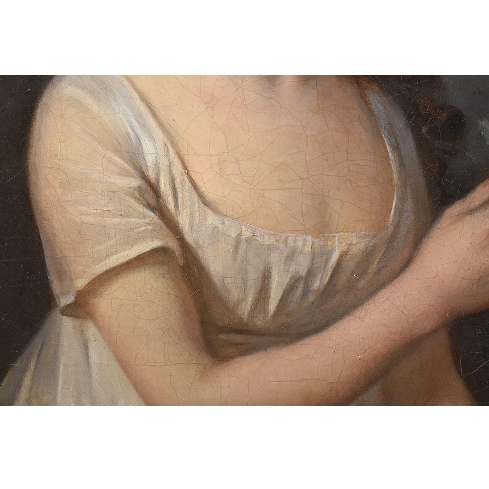 Antique Painting, Woman Portrait Painting with Rose, Oil on Canvas, Early XIX. In Good Condition In Breganze, VI