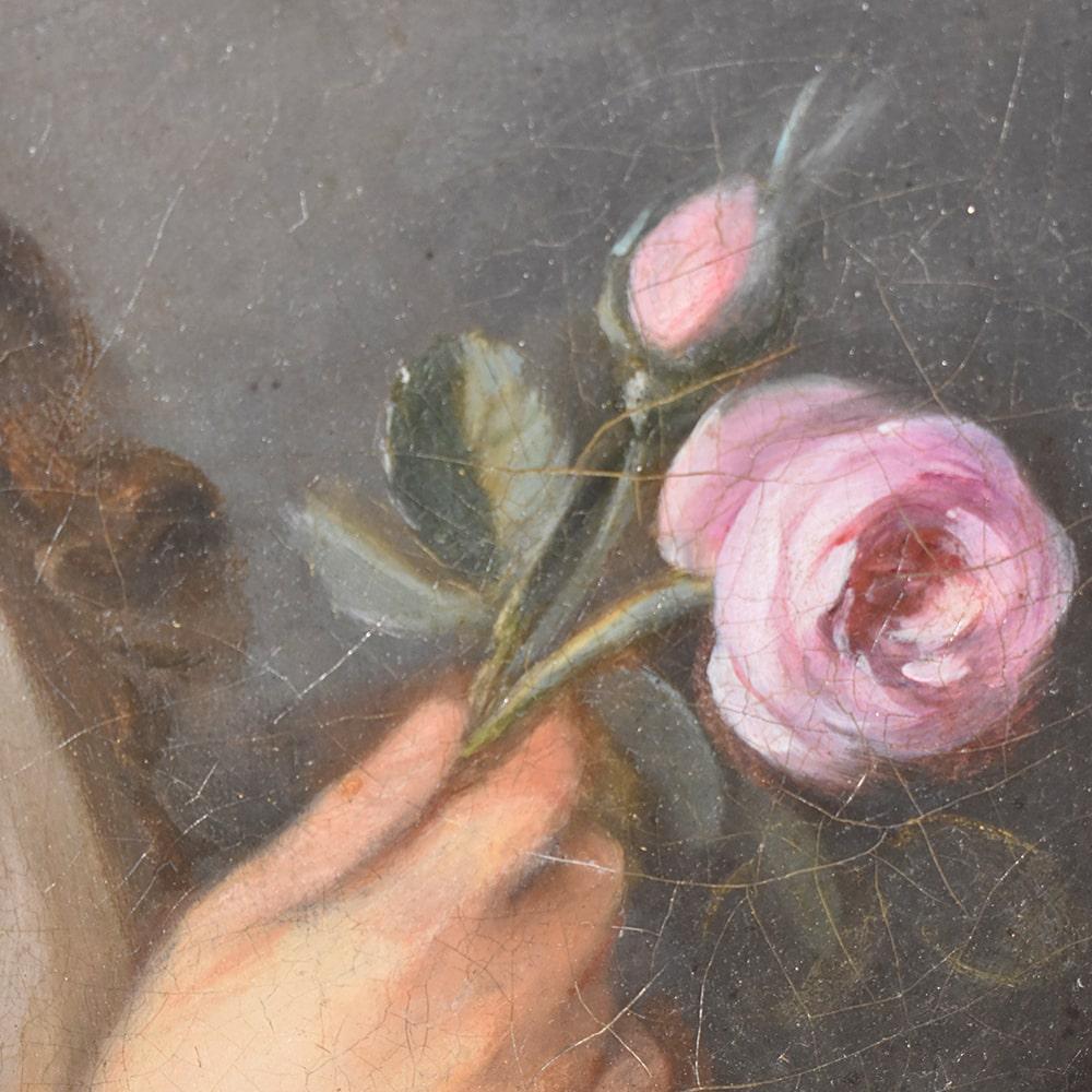 19th Century Antique Painting, Woman Portrait Painting with Rose, Oil on Canvas, Early XIX.