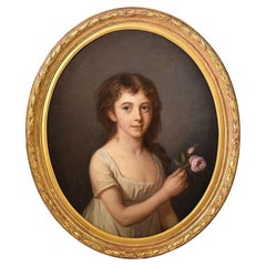 Peinture ancienne, peinture de portrait de femme avec une rose, huile sur toile, début du XIXe siècle.