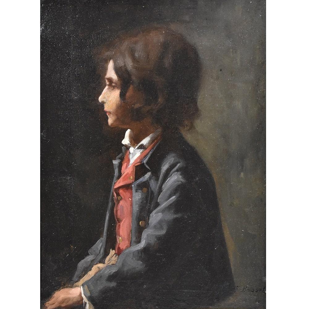 This is a Antique Portrait Artwork,  Antique Portraits proposes a Young Man Elegantly Dressed and seen in Profile
Oil Painting on Canvas, male portraits, young man from the 19th century. XIX century. Antique Paintings. 
The frame and the old