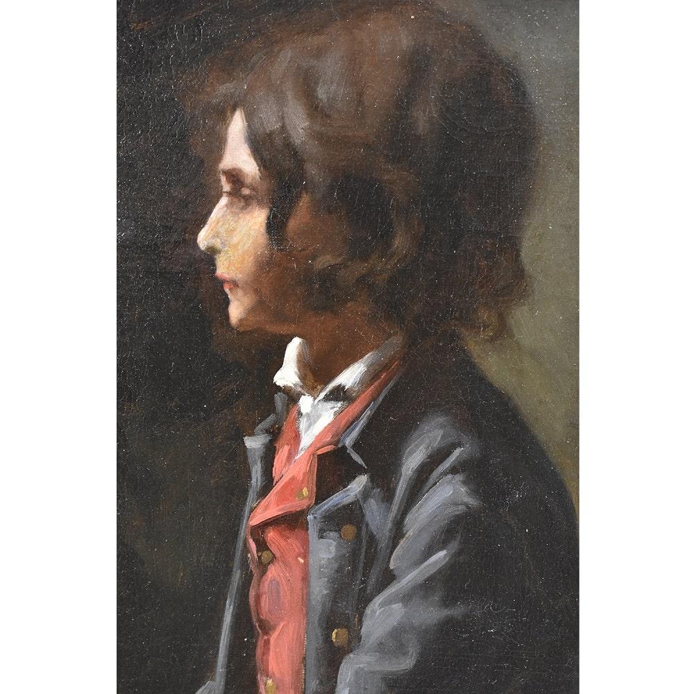 Louis Philippe Antique Painting, Young Man in Profile, Man Portrait Painting, Oil on Canvas