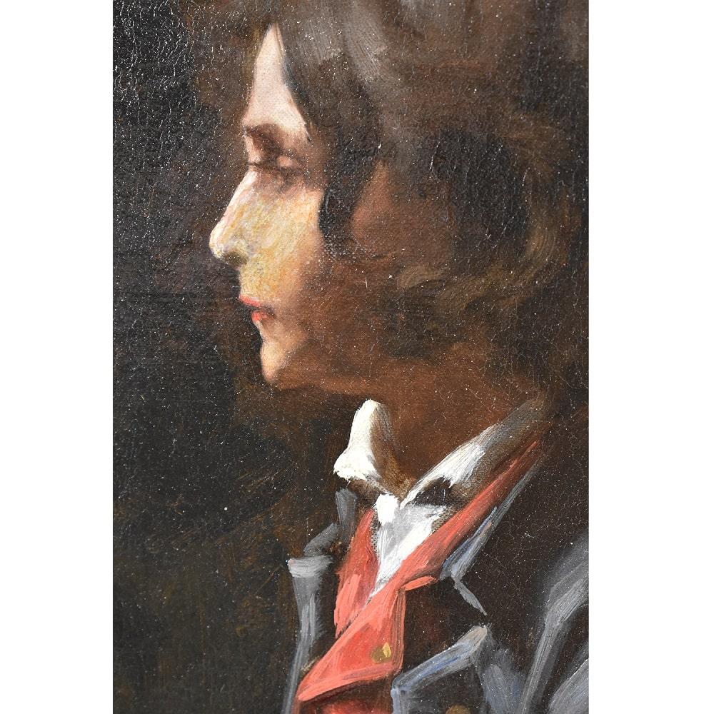 French Antique Painting, Young Man in Profile, Man Portrait Painting, Oil on Canvas