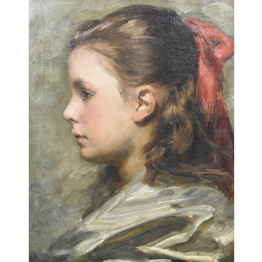 This is a Antique portrait artwork, Antique portraits proposes a young woman of profile dressed,
Oil painting on canvas, of the 19th century. Belgian ancient painting. XIXcentury. Antique Paintings. 

These are portraits of a Lady, a young woman