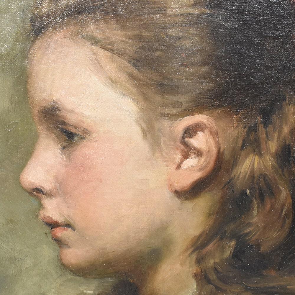 Belgian Antique Painting, Young Woman of Profile Portrait Painting, Oil on Canvas, XIX