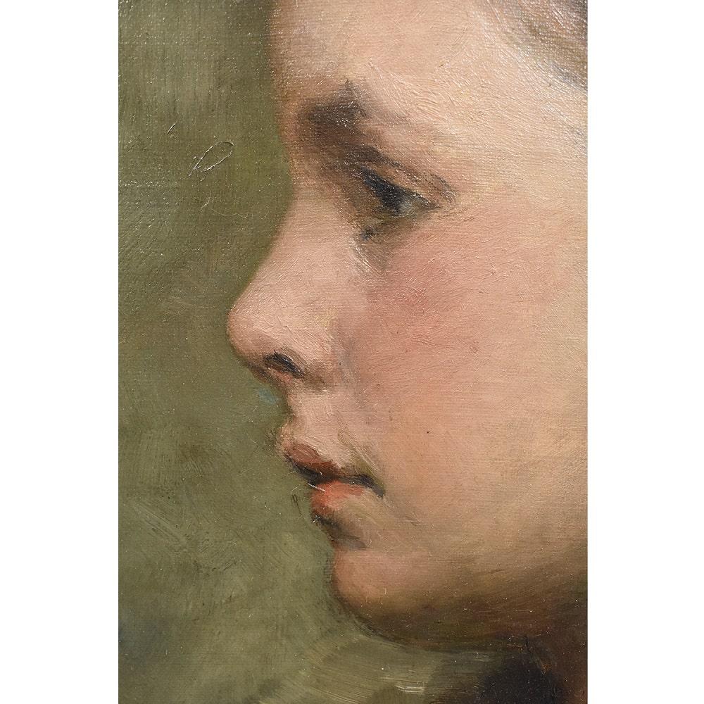 Painted Antique Painting, Young Woman of Profile Portrait Painting, Oil on Canvas, XIX