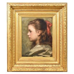 Antique Painting, Young Woman of Profile Portrait Painting, Oil on Canvas, XIX
