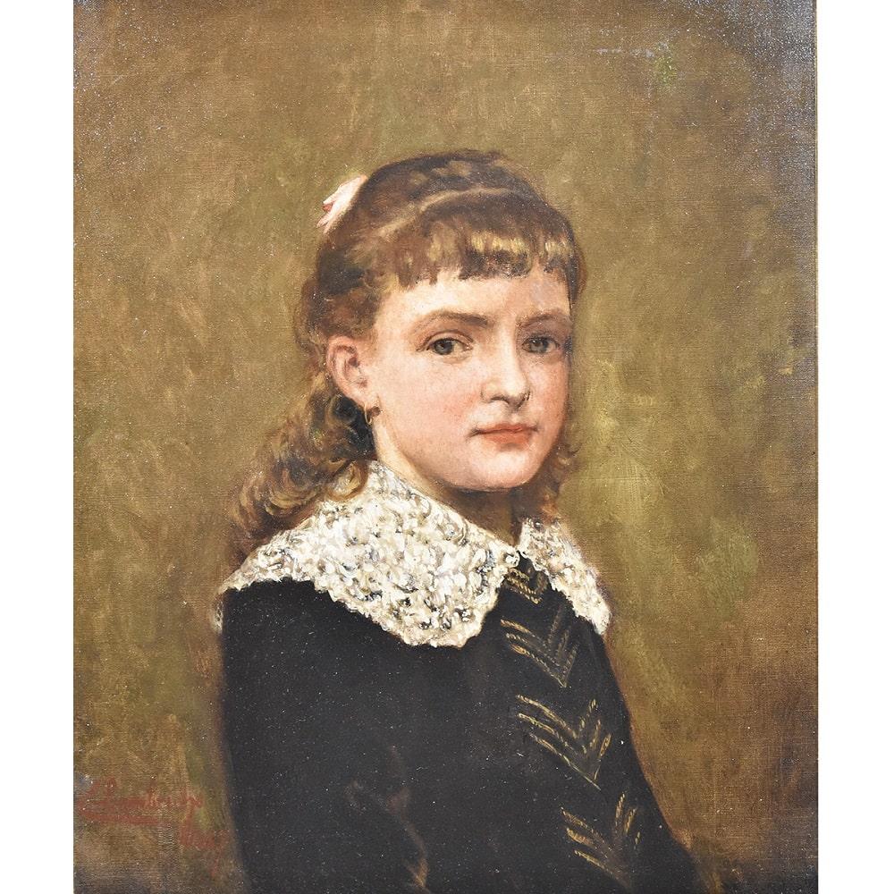 This is a antique portrait artwork, antique portraits proposes a young woman elegantly dressed,
Oil painting on canvas, of the 19th century. French ancient painting. XIXcentury. 

Portraits of a lady, a young woman with a lace collar from the