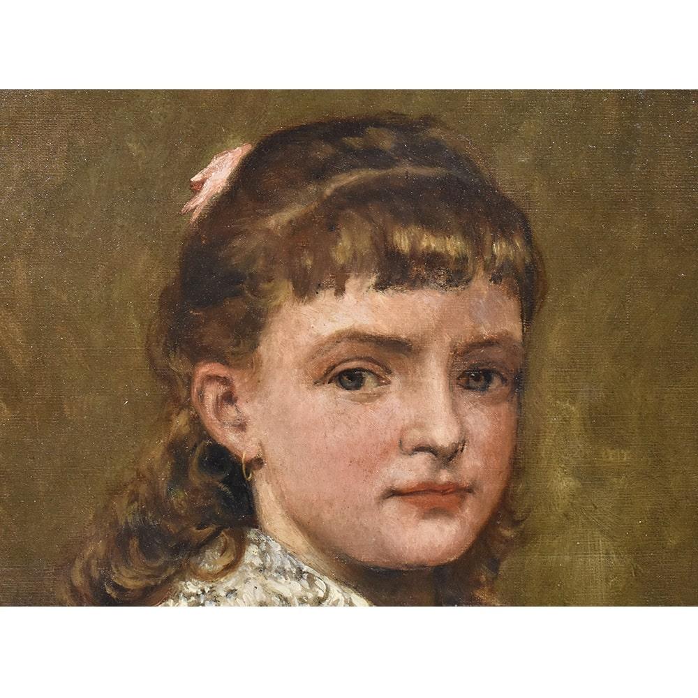 Belgian Antique Painting, Young Woman Portrait Painting, Oil on Canvas, XIX Century For Sale