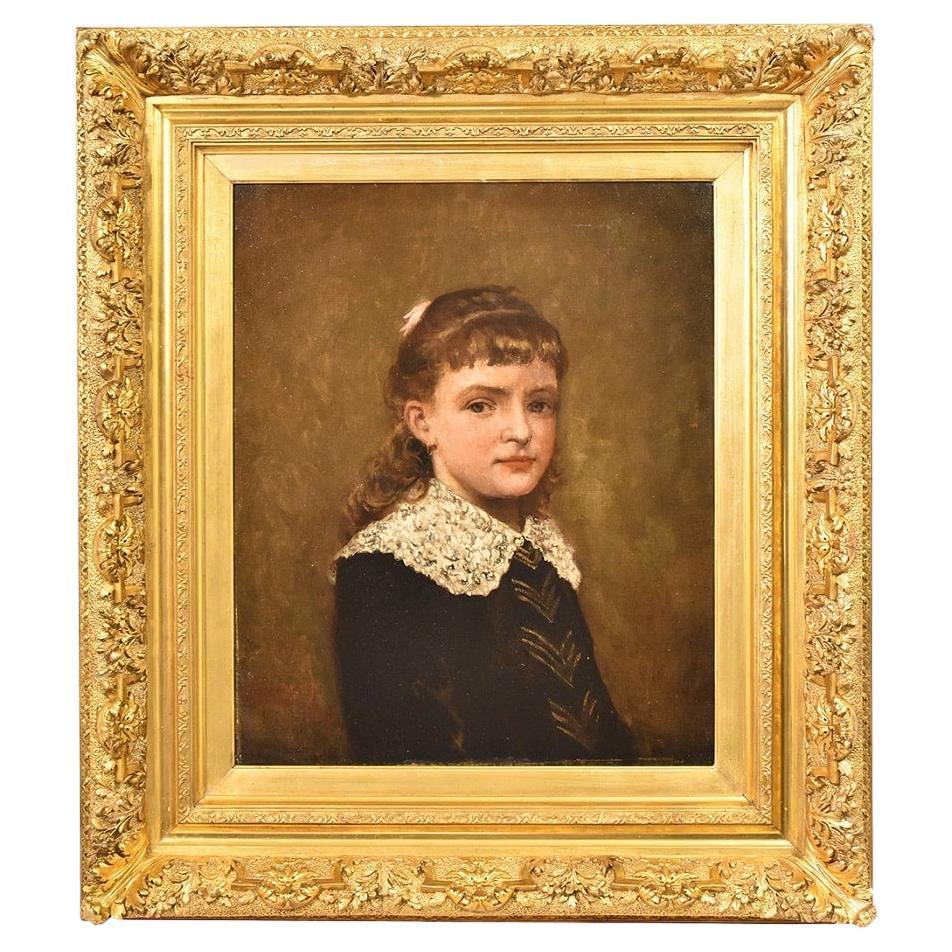 Peinture ancienne, portrait de jeune femme, huile sur toile, XIXe siècle
