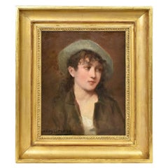 Antique Painting, Young Woman Portrait Painting, Oil Painting on Wood, XIX