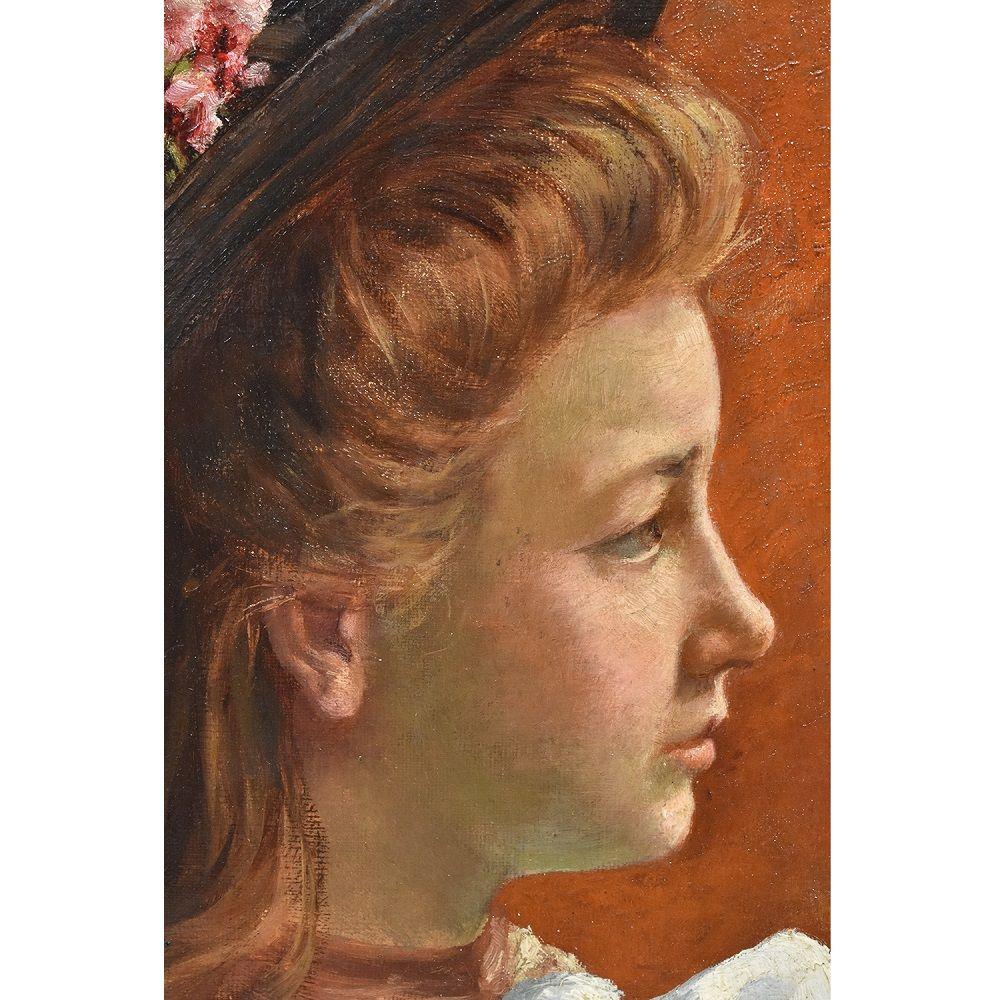 Art Nouveau Antique Painting, Young Woman Portrait Painting with Hat, Oil Painting on Canvas