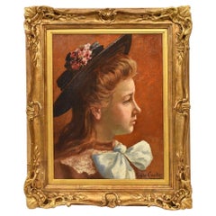 Antique Painting, Young Woman Portrait Painting with Hat, Oil Painting on Canvas