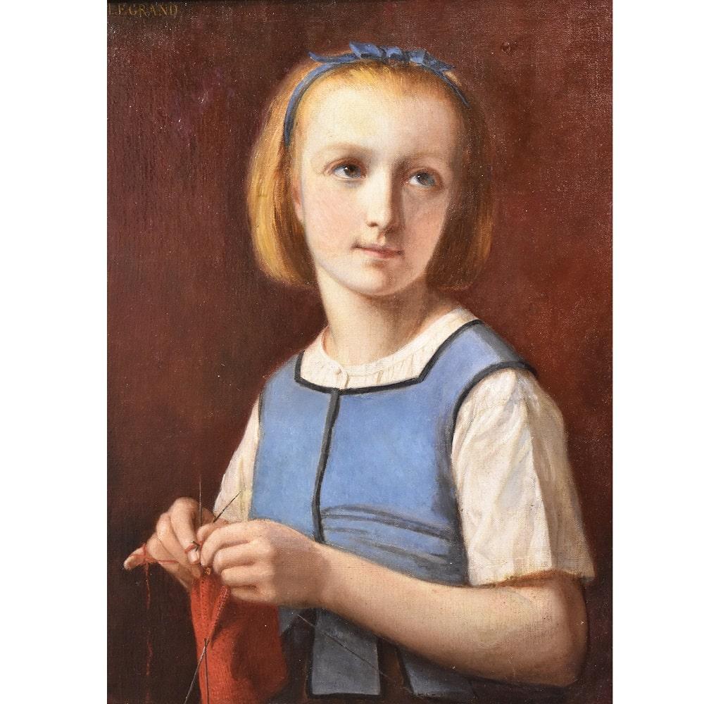This is a Antique Portrait Artwork,  Antique Portraits proposes a Young Girl who sews,
Oil Painting on Canvas, of the 19th century. French ancient painting. XIXcentury. Antique Paintings. 

Portraits of a Lady, a young woman painted in a blue
