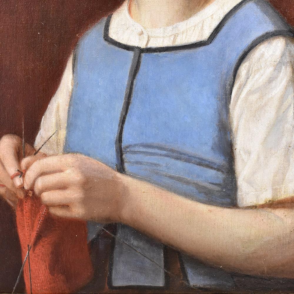 Painted Antique Painting, Young Woman Who Sews, Portrait Painting, Oil On Canvas, XIX. For Sale