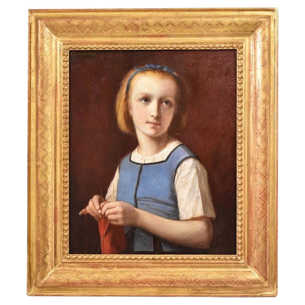 Antique Painting, Young Woman Who Sews, Portrait Painting, Oil On Canvas, XIX. For Sale