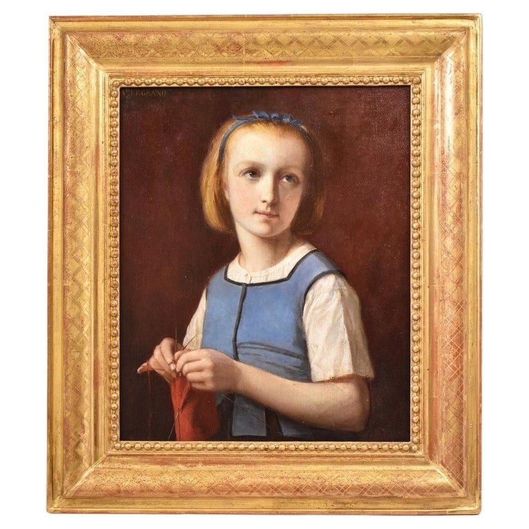 Antique Painting, Young Woman Who Sews, Portrait Painting, Oil On