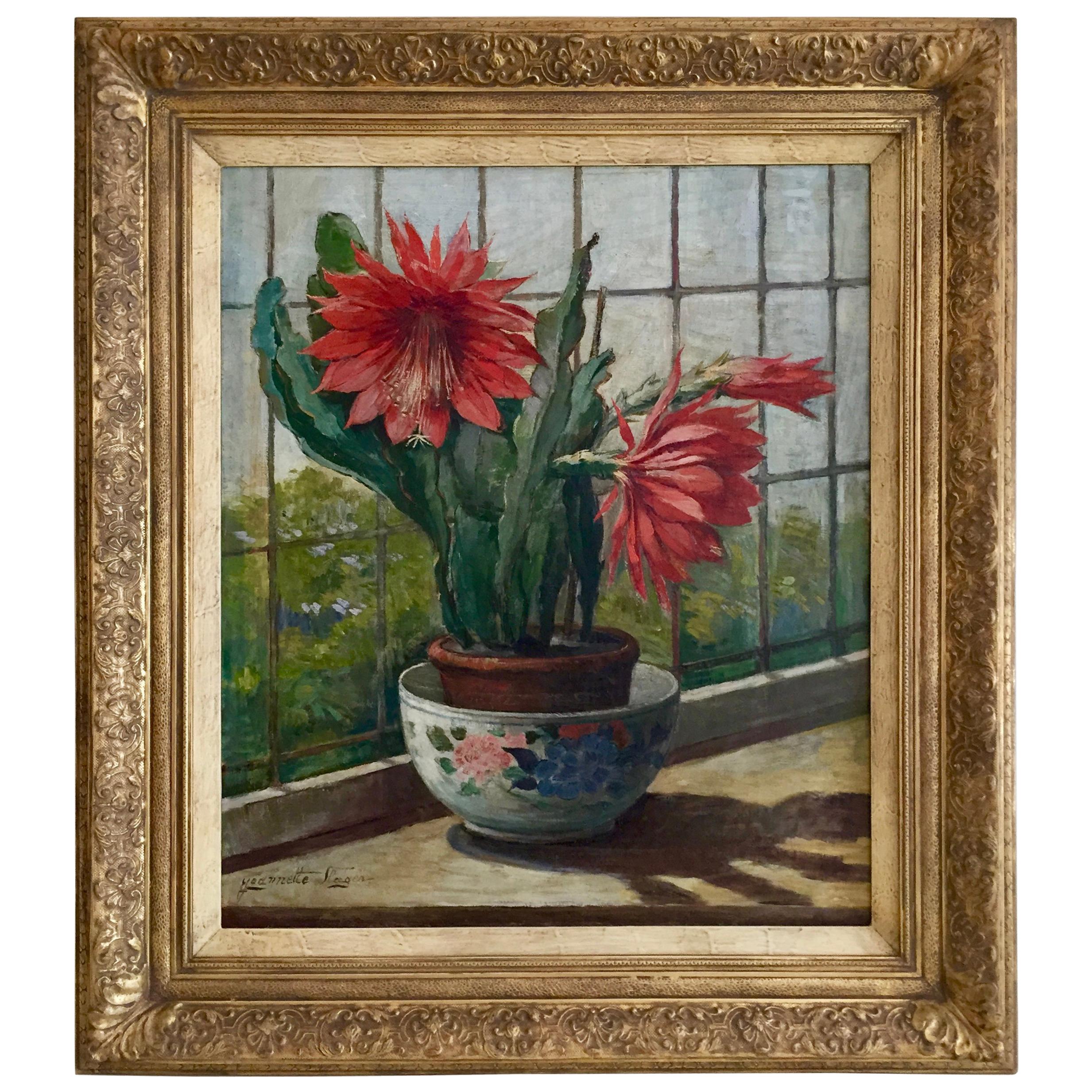 Flowering Cactus, Antique Dutch Painting, Jeanette Slager 1881-1945, 1920 For Sale