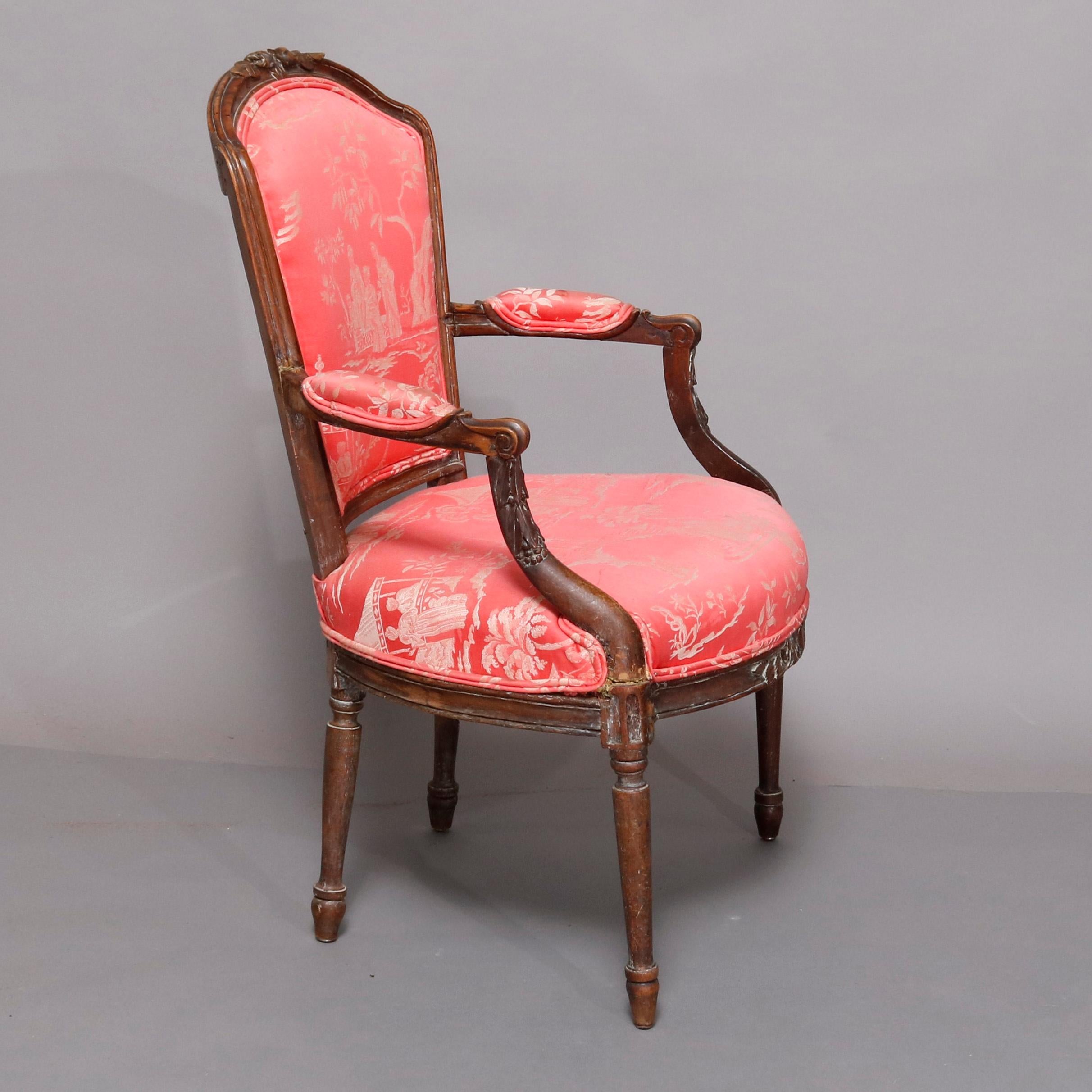 Pair of 18th Century French Louis XVI Carved Fruitwood and Upholstered Armchairs 4