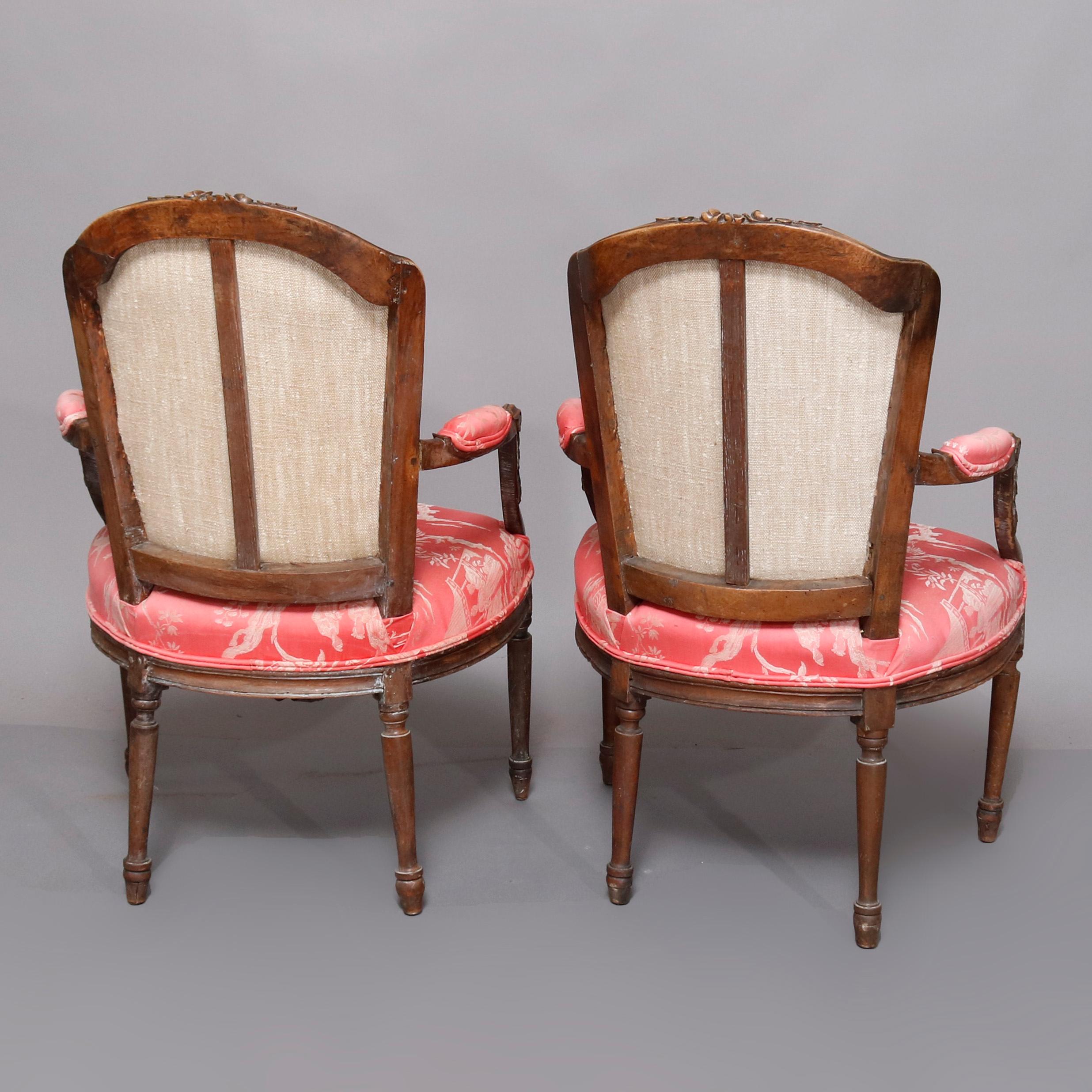 Pair of 18th Century French Louis XVI Carved Fruitwood and Upholstered Armchairs In Good Condition In Big Flats, NY