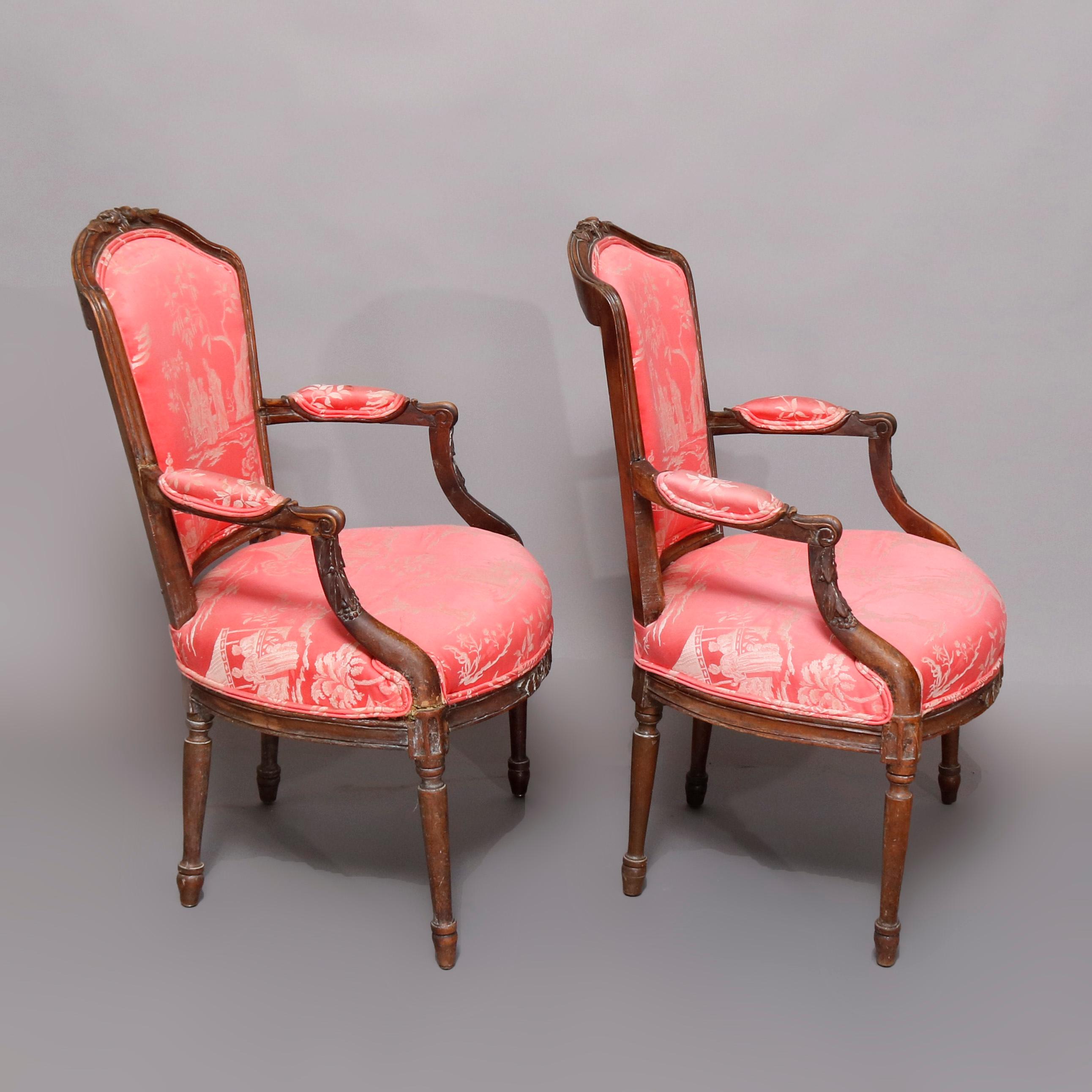 18th Century and Earlier Pair of 18th Century French Louis XVI Carved Fruitwood and Upholstered Armchairs