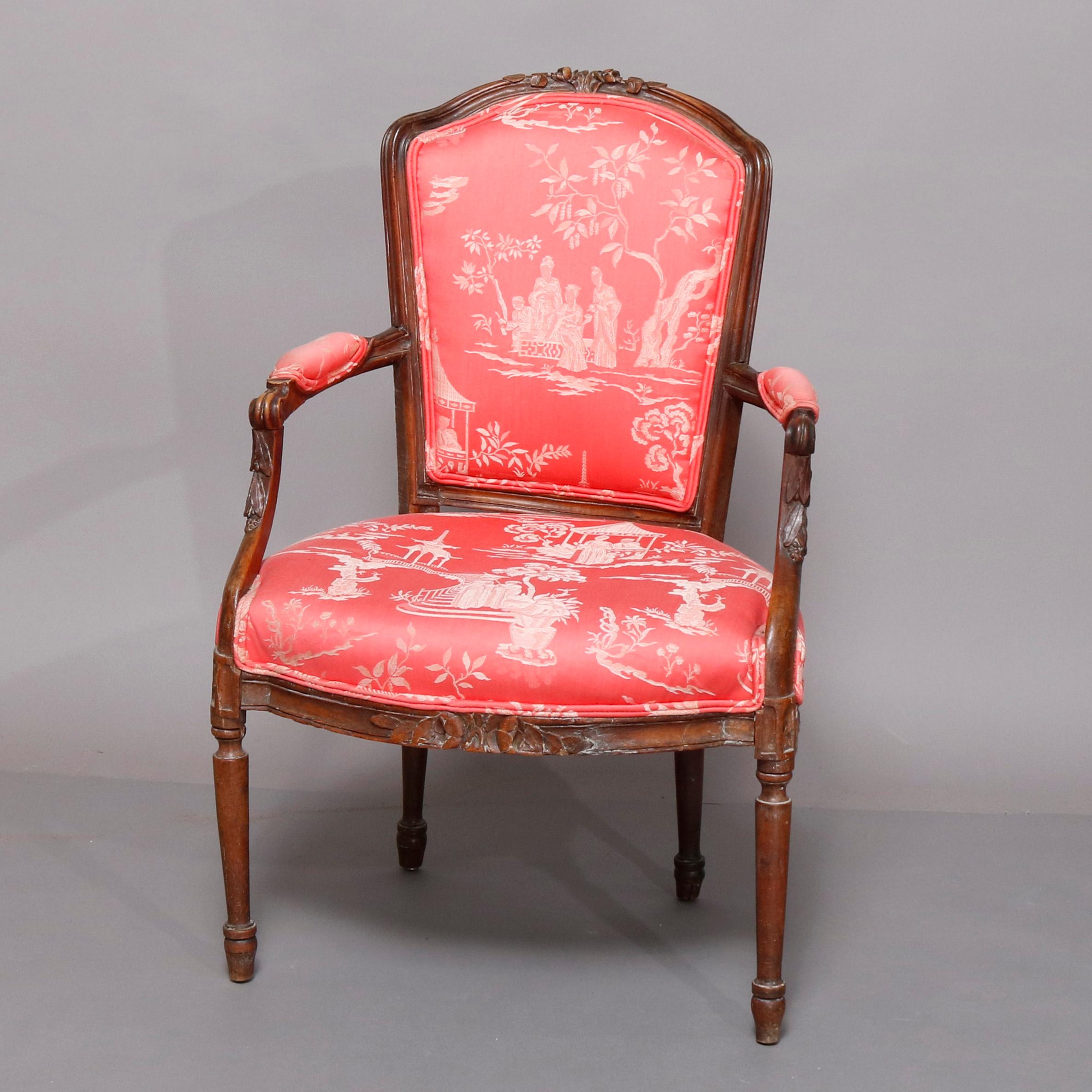 Upholstery Pair of 18th Century French Louis XVI Carved Fruitwood and Upholstered Armchairs