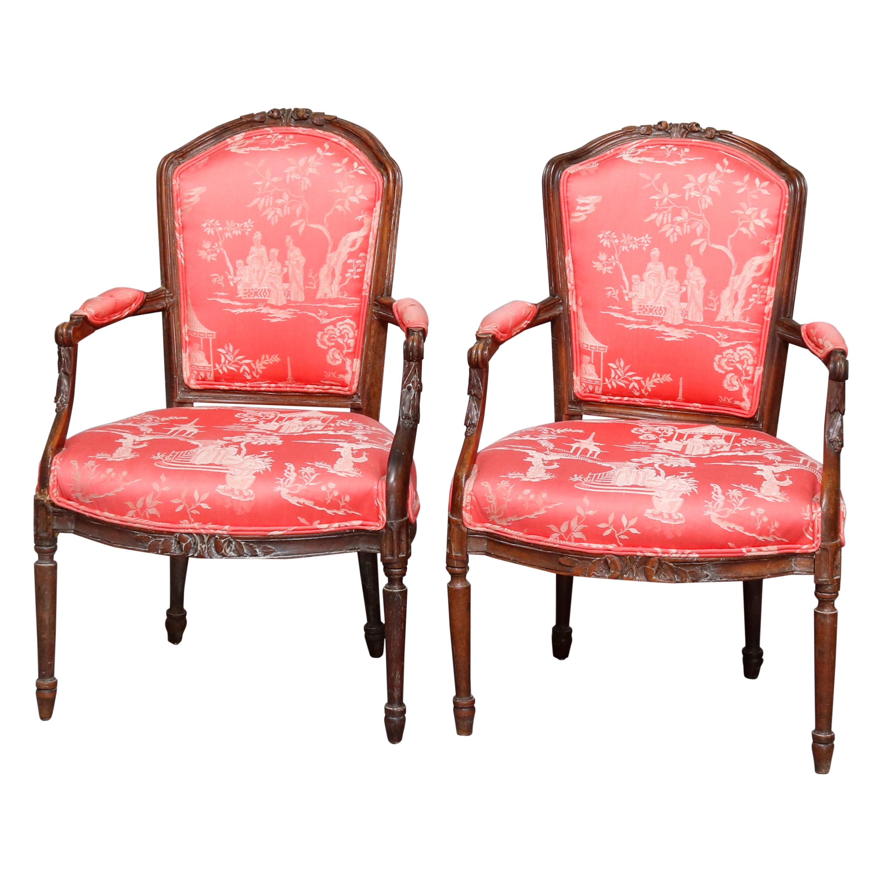 Pair of 18th Century French Louis XVI Carved Fruitwood and Upholstered Armchairs