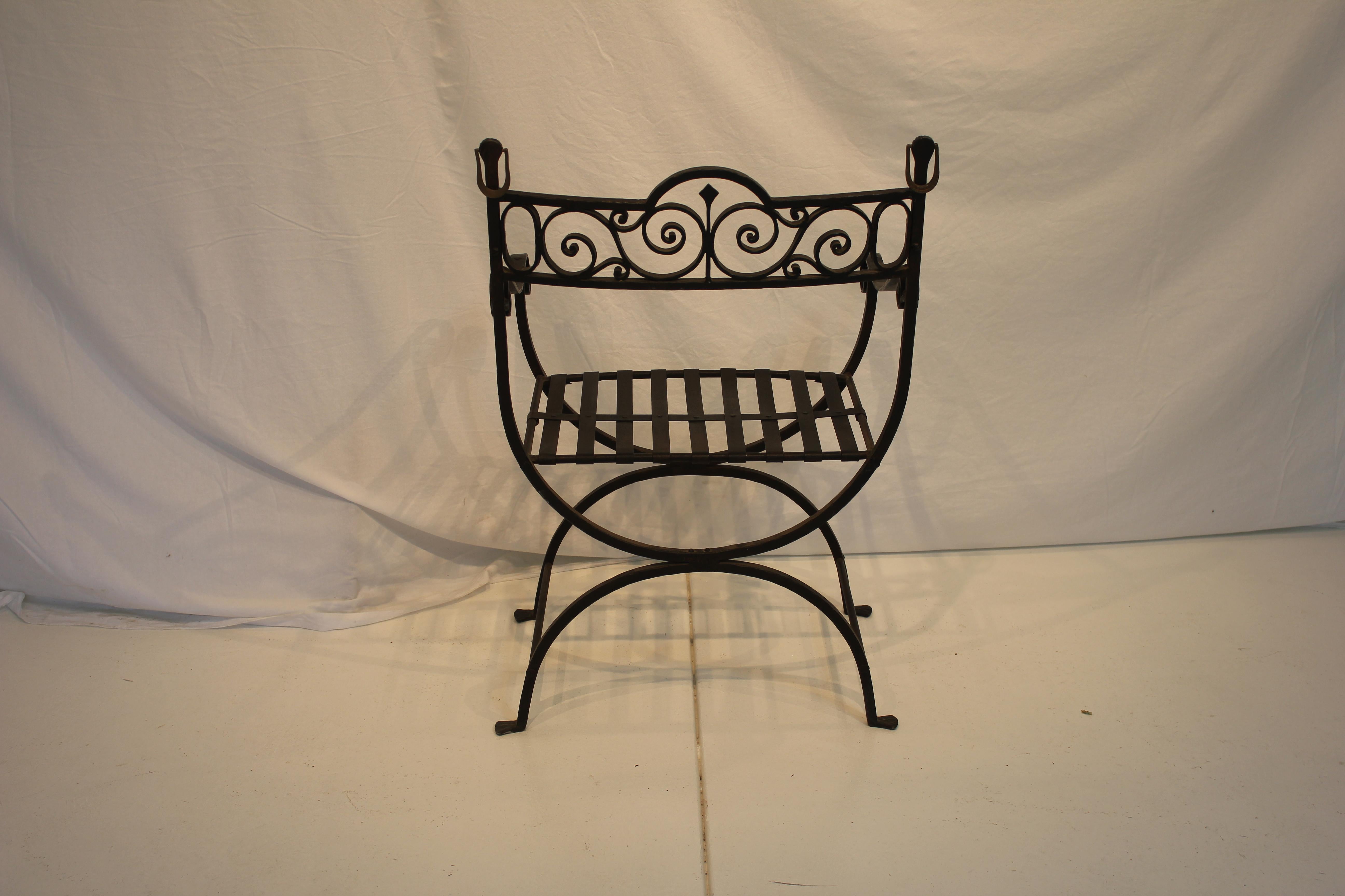 American Antique Pair 1920  Spanish Colonial Revival Hand Forged Wrought Iron Arm Chairs For Sale