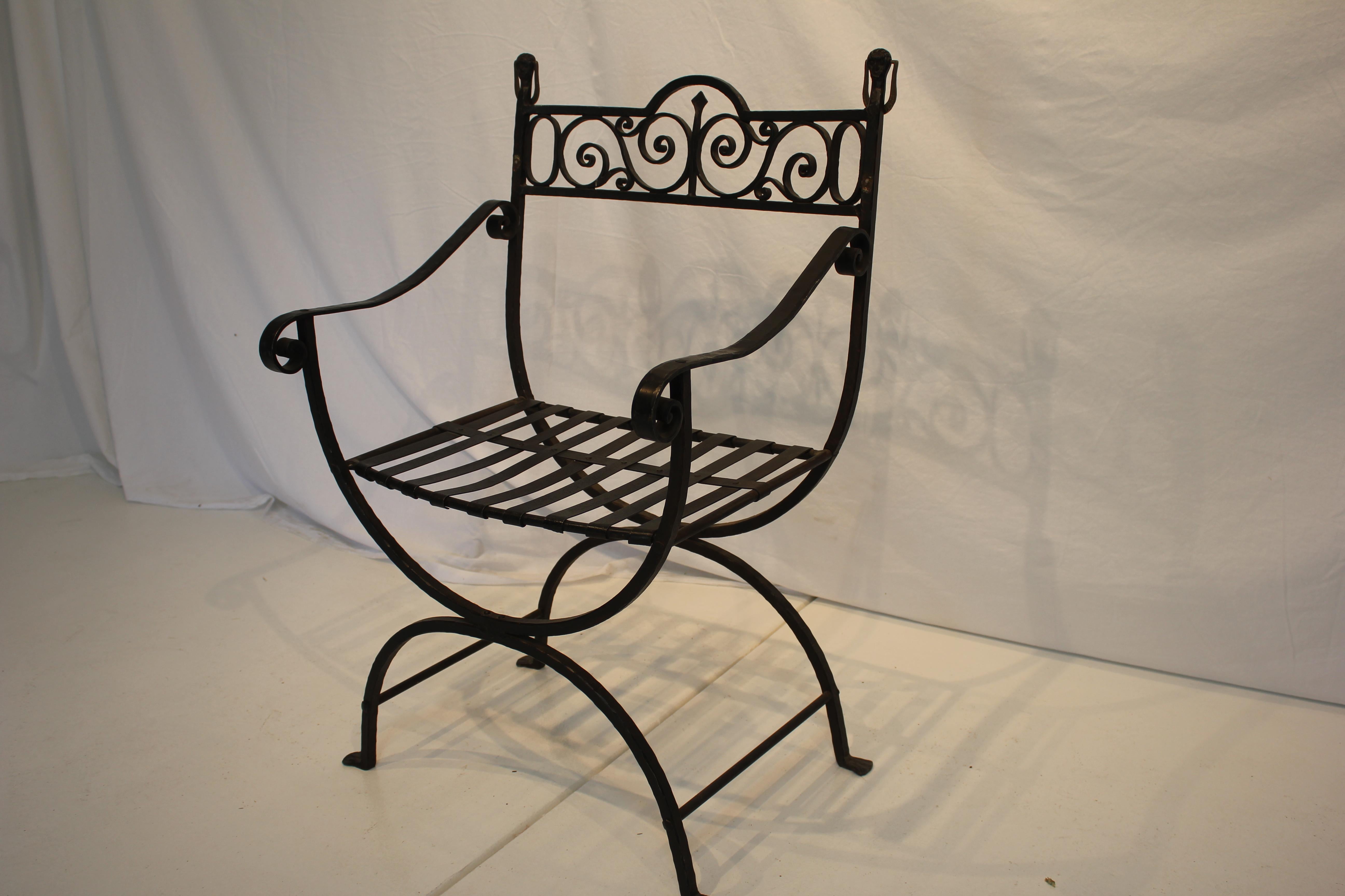 Antique Pair 1920  Spanish Colonial Revival Hand Forged Wrought Iron Arm Chairs In Good Condition For Sale In Los Angeles, CA