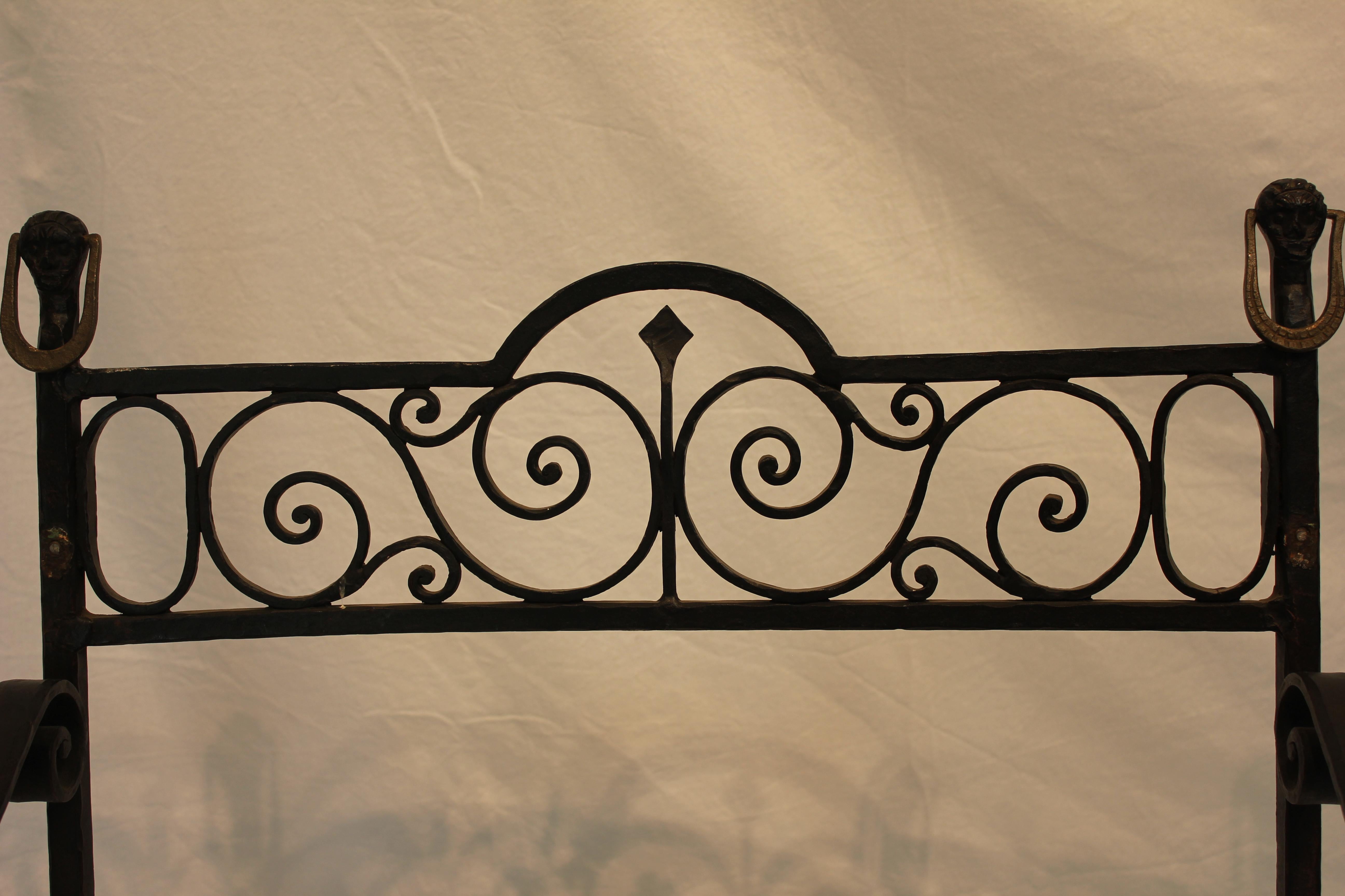Antique Pair 1920  Spanish Colonial Revival Hand Forged Wrought Iron Arm Chairs For Sale 1